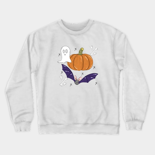 Fun Halloween pumpkin, bats, bones, ghost illustration Crewneck Sweatshirt by Ieva Li ART